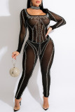 Black Fashion Sexy Patchwork Hot Drilling See-through Backless Square Collar Skinny Jumpsuits