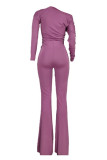 Purple Fashion Casual Solid Basic Oblique Collar Regular Jumpsuits
