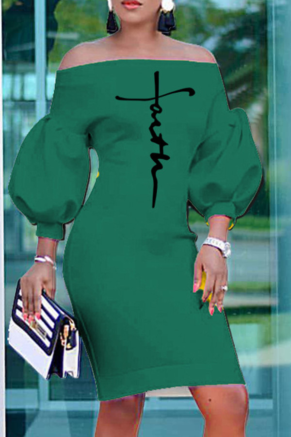 Green Fashion Casual Print Backless Off the Shoulder Dresses