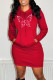 Burgundy Fashion Casual Butterfly Print Basic Hooded Collar Long Sleeve Dresses