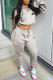 Grey Fashion Sportswear Print Patchwork V Neck Long Sleeve Two Pieces