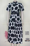 Black Fashion Casual Dot Print With Belt Turndown Collar Short Sleeve Dress