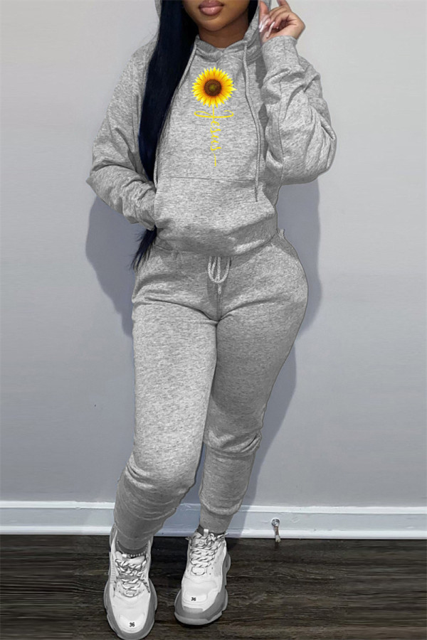 Grey Fashion Casual Print Basic Hooded Collar Long Sleeve Two Pieces