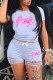Grey Fashion Casual Letter Print Ripped O Neck Short Sleeve Two Pieces