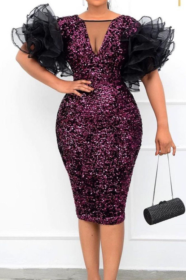 Burgundy Sexy Solid Sequins Patchwork O Neck One Step Skirt Dresses