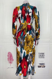 Multicolor Fashion Casual Print Fold Turtleneck Long Sleeve Dresses (Without Belt)