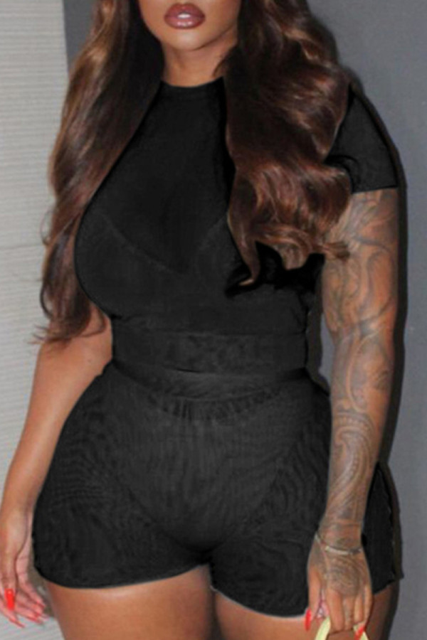 Black Fashion Casual Solid Hollowed Out See-through O Neck Short Sleeve Two Pieces