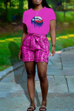 Rose Red Fashion Casual Print Basic O Neck Short Sleeve Two Pieces