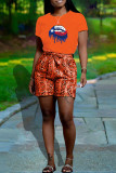 Rose Red Fashion Casual Print Basic O Neck Short Sleeve Two Pieces