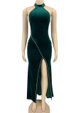 Green Sexy Solid Patchwork Backless Slit Hot Drill Halter Evening Dress Dresses