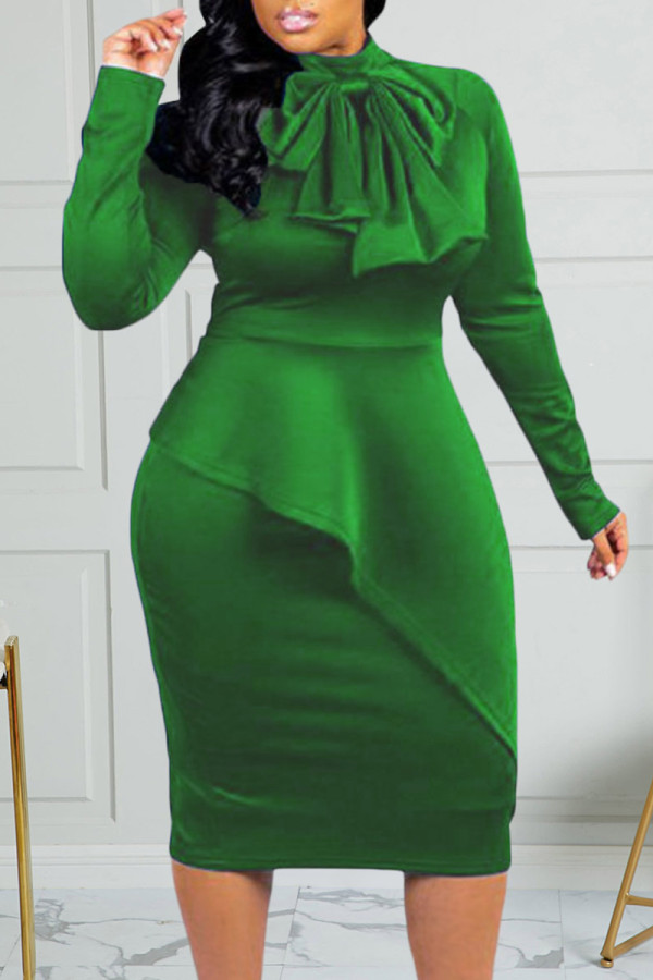 Green Fashion Casual Solid Split Joint With Bow Half A Turtleneck Long Sleeve Plus Size Dresses