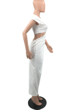 White Fashion Solid Hollowed Out Slit V Neck Pencil Skirt Dresses