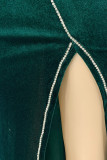Green Sexy Solid Patchwork Backless Slit Hot Drill Halter Evening Dress Dresses