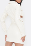 White Fashion Sexy Solid Hollowed Out Turndown Collar Long Sleeve Dresses