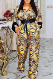 Snake Print Sexy Print Patchwork V Neck Straight Jumpsuits