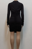 Black Sexy Solid Hollowed Out Split Joint Fold Half A Turtleneck One Step Skirt Dresses