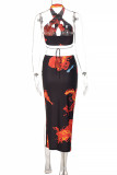Colour Fashion Sexy Print Backless Slit Halter Sleeveless Two Pieces