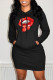 Black Fashion Casual Lips Printed Basic Hooded Collar Long Sleeve Dresses