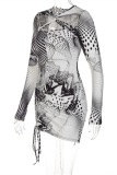 Black Fashion Sexy Print Hollowed Out O Neck Long Sleeve Dresses