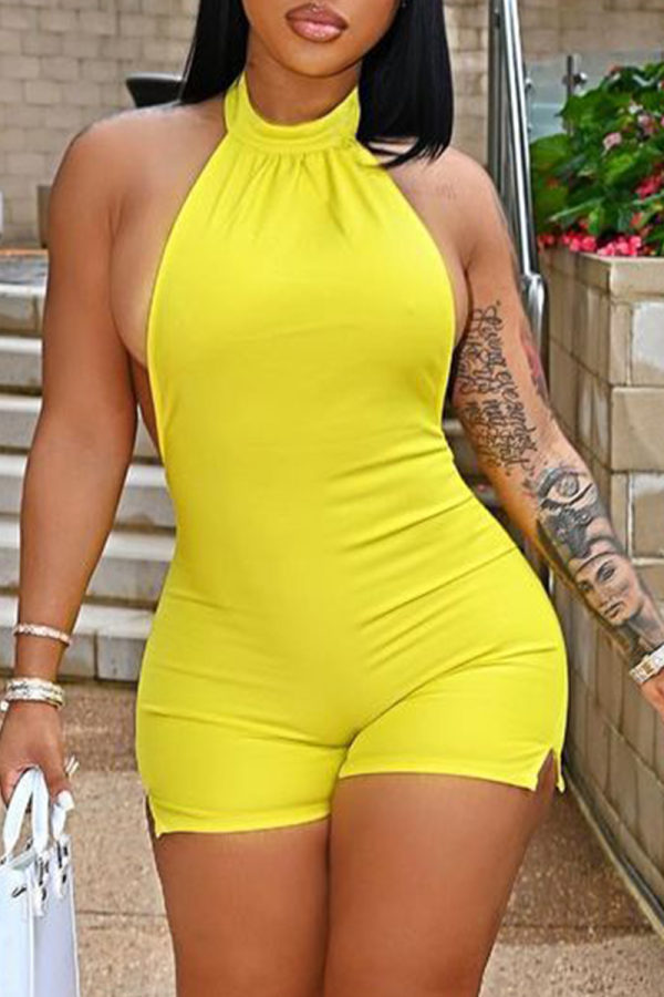 Yellow Sexy Solid Patchwork Halter Skinny Rompers