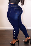 Light Blue Fashion Casual Solid Rivets Plus Size Jeans