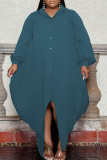Black Casual Solid Split Joint Buckle Turndown Collar Irregular Dress Plus Size Dresses