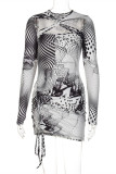 Black Fashion Sexy Print Hollowed Out O Neck Long Sleeve Dresses