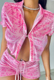 Pink Fashion Sexy Letter Print Basic Turndown Collar Short Sleeve Two Pieces