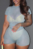 Blue Fashion Casual Solid Hollowed Out See-through O Neck Short Sleeve Two Pieces