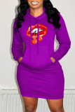 Yellow Fashion Casual Lips Printed Basic Hooded Collar Long Sleeve Dresses