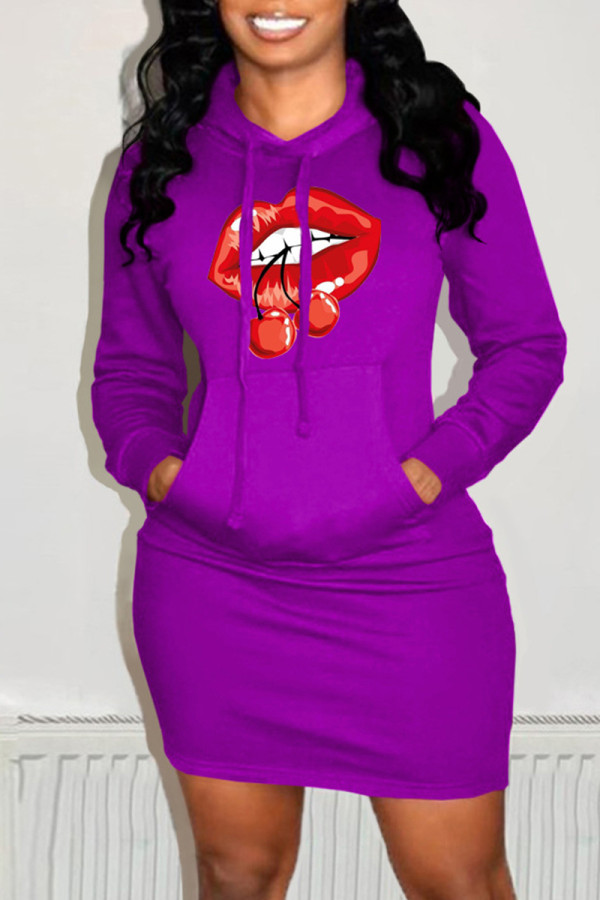Purple Fashion Casual Lips Printed Basic Hooded Collar Long Sleeve Dresses