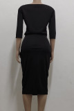 Black Casual Solid Split Joint Off the Shoulder One Step Skirt Dresses