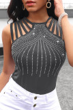 Grey Sexy Casual Patchwork Hot Drilling Hollowed Out O Neck Tops