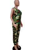 Army Green Fashion Casual Camouflage Print Basic V Neck Sleeveless Regular Jumpsuits