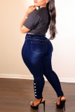 Medium Blue Fashion Casual Solid Rivets Plus Size Jeans