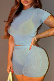 Blue Fashion Casual Solid Hollowed Out See-through O Neck Short Sleeve Two Pieces