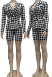 Black White Casual Plaid Print Split Joint Buttons Turn-back Collar Long Sleeve Two Pieces
