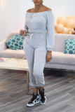 Grey Fashion Casual Solid Solid Color Off the Shoulder Long Sleeve Two Pieces