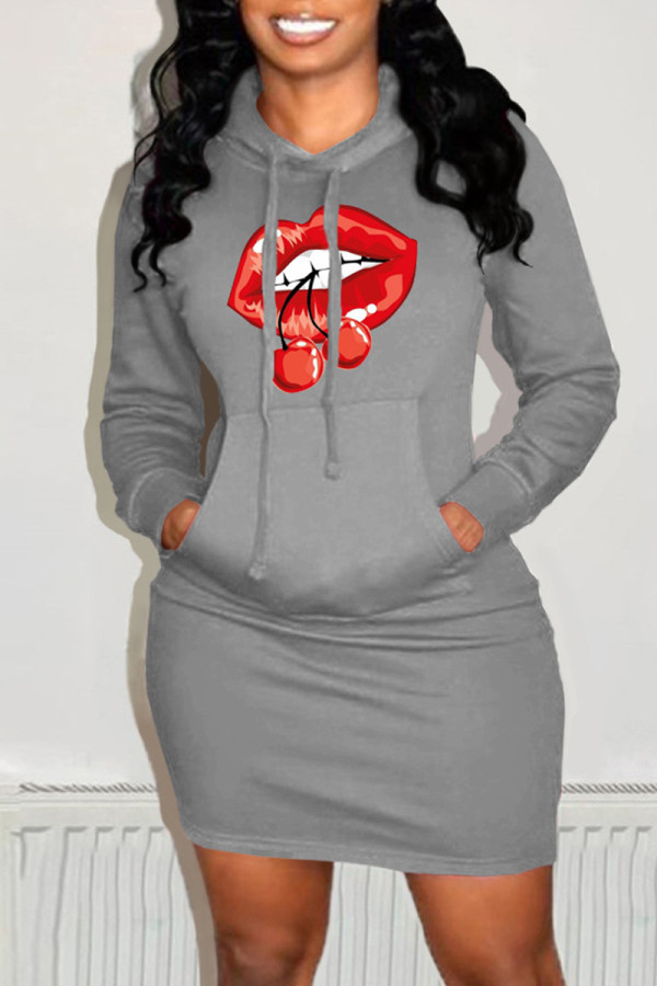 Grey Fashion Casual Lips Printed Basic Hooded Collar Long Sleeve Dresses