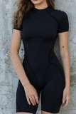 Black Sexy Solid Patchwork O Neck Regular Rompers
