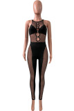 Black Sexy Solid Hollowed Out Mesh O Neck Skinny Jumpsuits