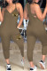 Khaki Sexy Casual Print Backless V Neck Regular Jumpsuits