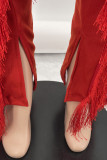 Red Casual Street Solid Tassel Patchwork Slit Straight High Waist Straight Solid Color Bottoms