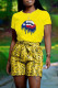 Yellow Fashion Casual Print Basic O Neck Short Sleeve Two Pieces
