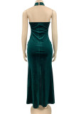 Green Sexy Solid Patchwork Backless Slit Hot Drill Halter Evening Dress Dresses