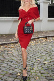 Red Elegant Solid Patchwork With Belt V Neck One Step Skirt Dresses