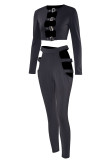Black Fashion Sexy Solid Hollowed Out O Neck Long Sleeve Two Pieces