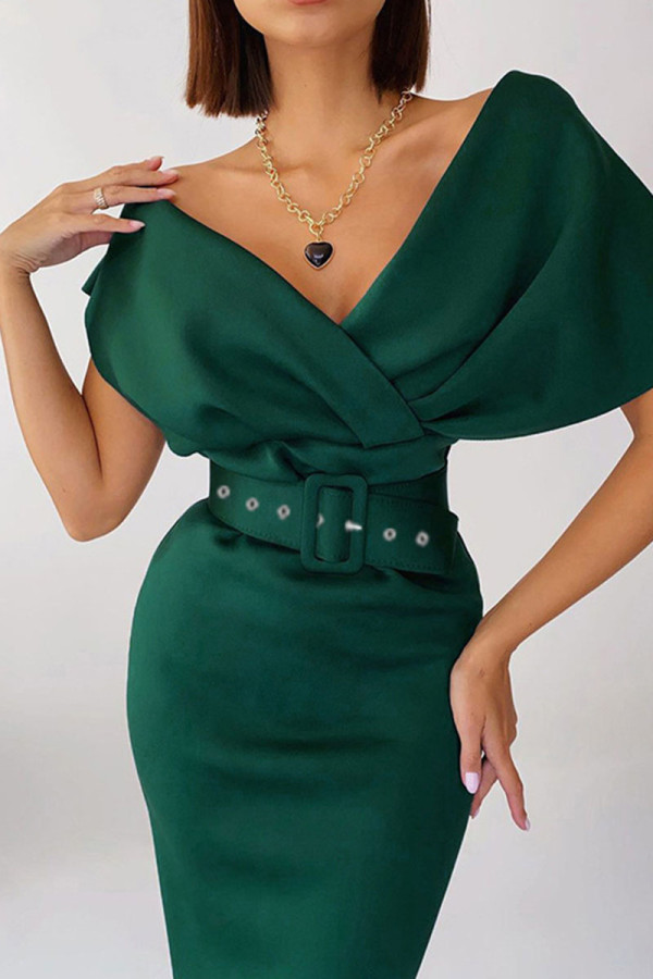 Ink Green Elegant Solid Patchwork With Belt V Neck One Step Skirt Dresses