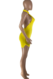 Yellow Sexy Solid Patchwork Halter Skinny Rompers
