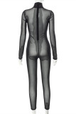 Black Fashion Sexy Patchwork See-through Half A Turtleneck Skinny Jumpsuits